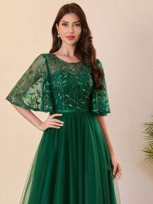 Women's Formal Ball Gown Lace Sequin Mesh Graduation Party Dress, Sequin Ruffle Sleeve Long Evening Dress, Bridesmaid Dress - Dark Green - View 4