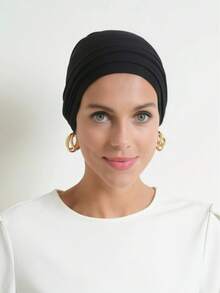 1pc Women's Classic 2-In-1 Turban Headscarf, Pleated Design, High-Stretch Jersey Fabric, Moisture-Wicking, Suitable For Muslim Daily Life And Outings For Dress - Black - View 5