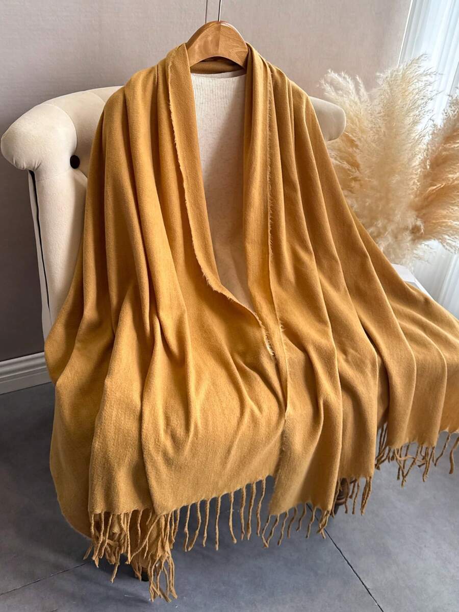1pc Women's Black Thickened Plush Wool Double-Sided Imitated Cashmere Scarf, Elegant And Fashionable, Couple Shawl Scarf, Versatile And Warm, Suitable For Daily Use In Autumn And Winter - Earthy Yellow - View 1