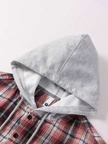 男士时尚宽松胸袋可调节抽绳连帽格子衬衫外套，适合春秋季穿着 - 紅色 - 查看 5