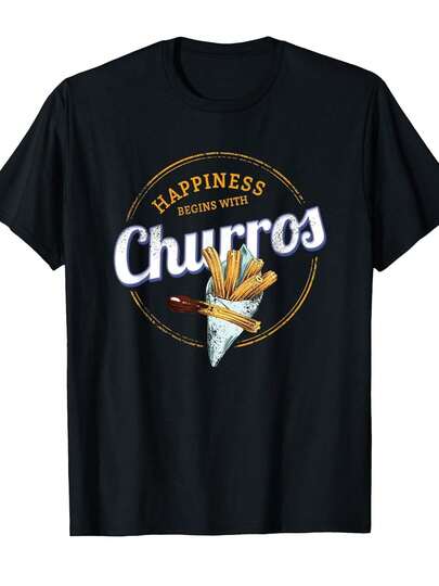 1 Camiseta Vintage para Hombre con Estampado de Churros, Diseño Retro de Comida Callejera Mexicana, Frase La Felicidad Comienza con Churros, Camiseta Negra con Estampado Amarillo y Blanco, Ropa Casual para Todo el Año, Ajuste Cómodo para Adultos, Ideal para Fiestas y Uso Diario