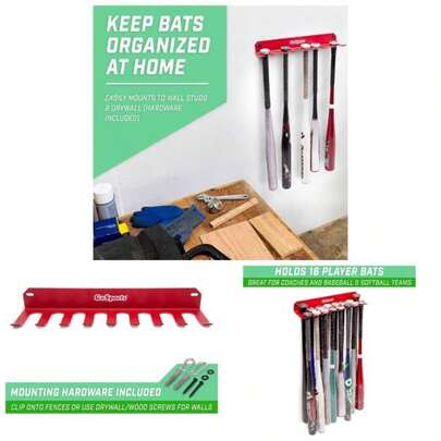 Baseball Softball Bat Racks - Black Or Red, Holds 16 Bats - Mount On Wall Or Clip On Dugout Fence