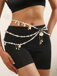 1 pieza Nuevo cinturón de cadena de cintura multifilamento hecho a mano con perlas para mujer, accesorio de cadena corporal de moda - Blanco - Ver 8