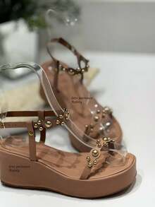 Comfort Sandal Platform Wedge Flat Papete ABS Detail 2 Straps Bohemian Y2K PU Leather Chain Office Party Wedding Home - 裸體 - 查看 3