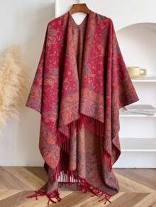 1 pieza Chal multifuncional de poliéster vintage con estampado de cachemira falsa de otoño/invierno, poncho cálido con flecos