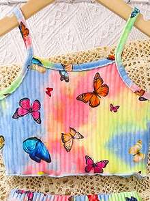 女童可爱蝴蝶印花扎染无袖背心和短裤套装，夏季新款休闲服装套装，花卉印花吊带背心婴幼儿服装 - 彩色 - 查看 6