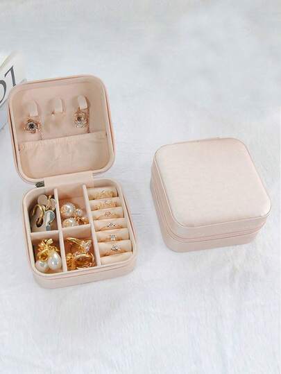 1个迷你首饰收纳盒展示架，旅行首饰拉链盒，适用于耳环、项链、戒指，便携式皮革首饰盒