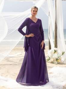 Mother Three-Quarter Sleeve Cardigan-Style 2 In 1 V-Neck Floor-Length Party Gown – Chiffon Ruffled Hem, Form-Fitting Silhouette For Beach Weddings & Upscale Outdoor Events - Purple - View 6