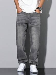 Straight-Cut Cotton Washed Denim Jeans With Slanted Pockets, Versatile Wide-Leg Relaxed Fit Washed Denim Jeans, Casual Matching Couples - Light Grey - View 4