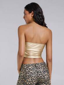 TypaGal Winter Fall Modern Chic New Year Party Retro Elegant Sexy Street Minimalist Gold Women's Minimalist Fitted Champagne Color Knit PU Tube Top - Champagne - View 2