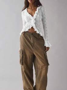 Women's Ruffle Patchwork Asymmetric Hem Flare Sleeve Fashionable Blouse