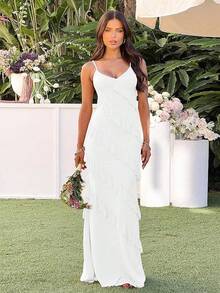 Women's Backless Bodycon Spaghetti Strap Elegant Ruffle Maxi Cocktail Party Dresses, 2025 QMO3 - 白色 - 查看 8