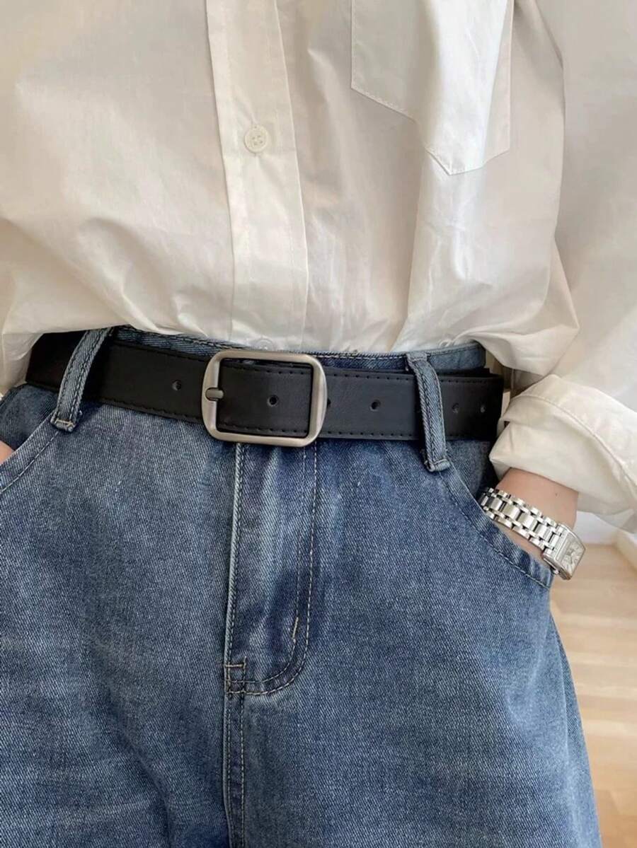 1pc Simple Elegant Waist Belt, Versatile Jeans Decoration Belt With Matte Silver Buckle, Unisex Pants Belt - Multicolor - View 1