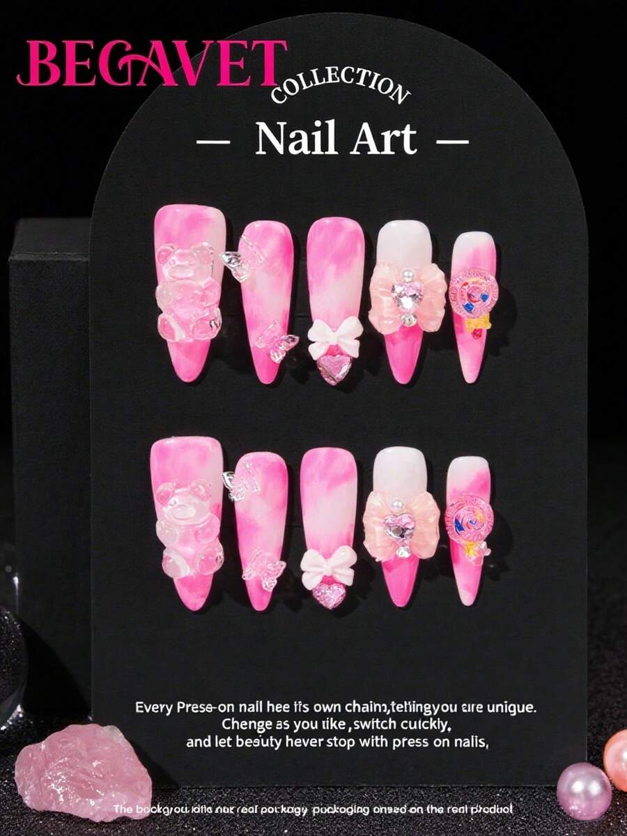 BEGAVET Y2K Nails 10pcs Handmade Salon Quality Nail Art Press On Nails Pink Nails Long Stilletto Exclusive Design 3D Nails With 3D Charms, Suitable For Parties/Music Festival And Daily Wear - Pink - View 1