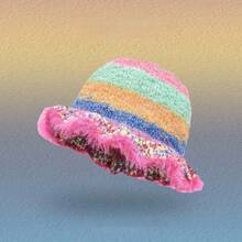 1 Pc Rainbow Oil Painting Gradient Knitted Woolen Hat With Warm Plush Fisherman'S Hat - 黃色 - 查看 3
