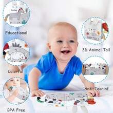 【3D互动布书】耐用儿童布书，带3D尾巴 - 互动式、耐啃咬、发声，促进早期学习和认知发展 - 完美的儿童礼物，灰/白色