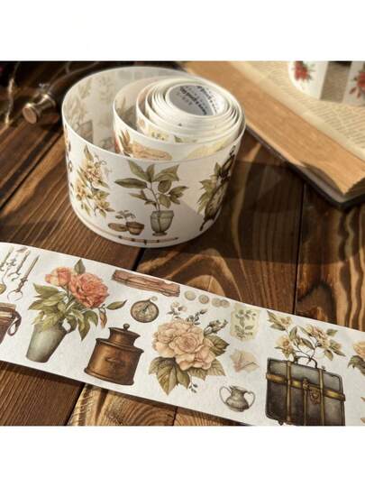 60mm * 2M Bandă adezivă decorativă Washi pentru jurnal, cu motive florale vintage, plante botanice, estetică versatilă, pentru scrapbooking, decor de papetărie cu flori de trandafir, bandă adezivă de dimensiuni mari, rechizite școlare