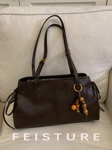 1pc Vintage Large Capacity PU Material Women's Shoulder Bag, Bowling Bag Style, Get Free Accessory Charm With Store Follow, Suitable For Daily Outing, Dating, Commuting - Coffee - View 2
