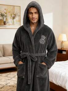 男士长款睡袍，加厚珊瑚绒，韩版，秋冬睡衣 - 深灰色 - 查看 1