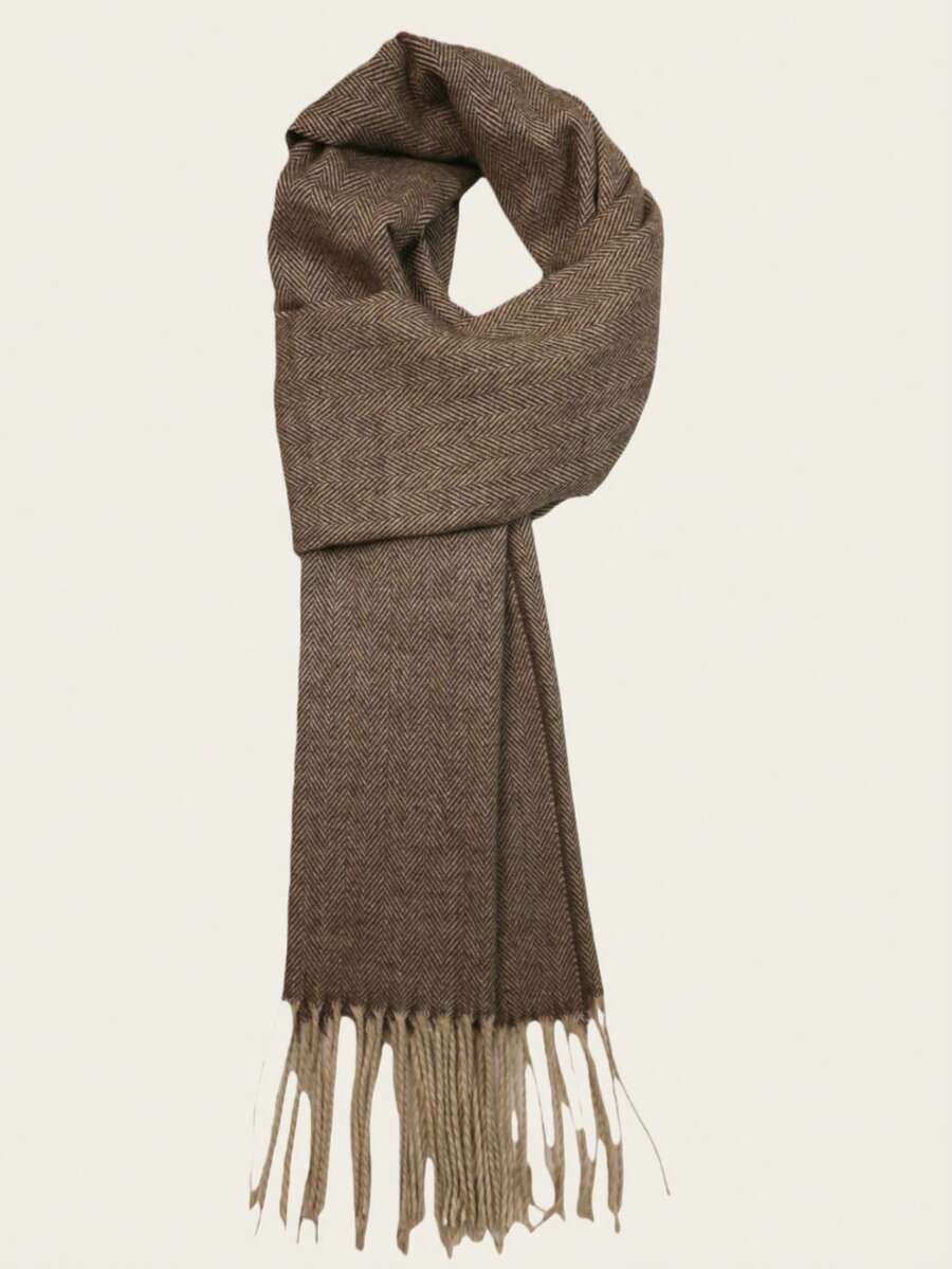 New Solid Color Herringbone Scarf, Unisex Knitted Tasseled Warm Long Thick Scarf, Suitable For Autumn/Winter, Boyfriend Gift, Neck Warmer, Blanket - Khaki - View 1