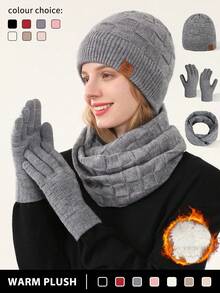 Set de 1-3 piezas de gorro de punto, cuello calentador y guantes con pantalla táctil para mujer en invierno, de doble capa con forro térmico, tela jacquard con estampado, textura de copos de nieve, adecuado para esquiar, viajar, conducir, citas, regalo para mujer, accesorios de invierno para uso diario