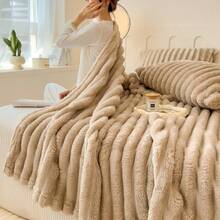 1pc Soft Vintage Style Faux Fur Blanket - Cozy Choice For Sofa And Chair, Striped Pattern, Machine Washable, Polyester Blend, Comfortable For All Seasons, Chair/Bed Cover | Soft Blanket | Polyester Blend, Rabbit Decor - Khaki - View 9