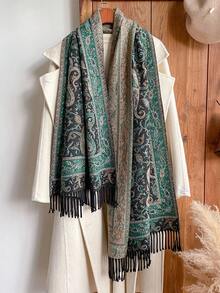 1件装 女士秋冬仿羊绒复古佩斯利提花波西米亚风保暖流苏围巾披肩 - 黑綠色 - 查看 2