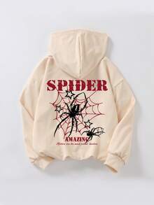 Tween Boys Casual Simple Spider Print Boys Hoodie Long Sleeve Hooded Sweatshirt Autumn Winter Student Boys Clothing
