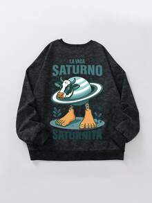 Tween Boy Planet And Bull's Head And Foot Combination Print Snowflake Design Round Neck Long Sleeve Sweater Pullover Autumn Winter Style - Black - View 3