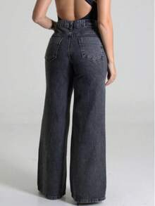 Women's Wide Leg Black Marbled Mid-Rise Wide Leg Jeans - Xám - Xem 3