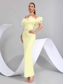人造羽毛重点缀珍珠性感露肩露背紧身黑色绷带长裙，优雅女士婚礼宾客伴娘派对晚礼服 - 淡黃色 - 查看 6