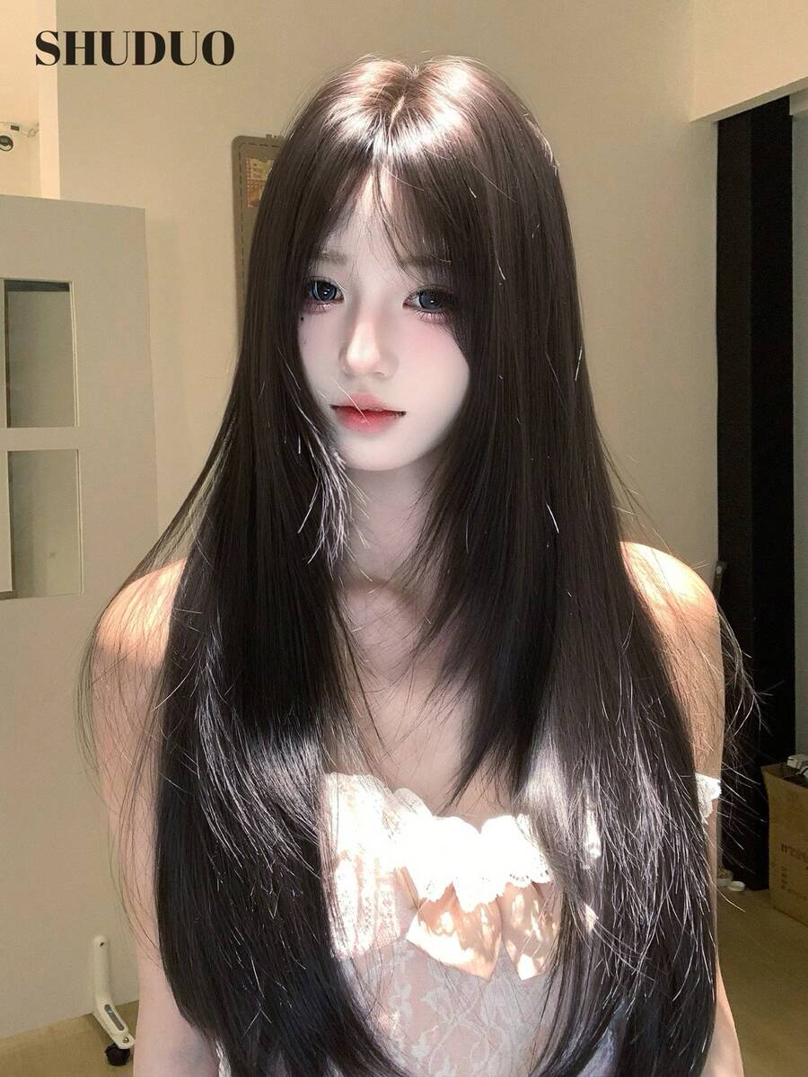 SHUDUO 1 件合成耐热直发假发，黑棕色，中分，纤维制成，适合日常使用，自然逼真（不含配件） - Dark Brown - 查看 1