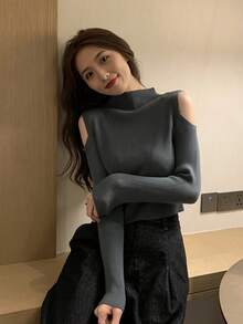 女款純色圓領修身針織露肩長袖修身套頭毛衣 百搭款 - 深灰色 - 查看 6