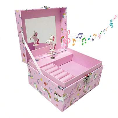 1pc Rectangular Pink Unicorn Carousel Music Box, Bedroom/Living Room Decor, Medium Capacity With Drawer, Multi-Layer Paper Jewelry Storage, Suitable For Valentine's Day, Back To School, Birthday, Wedding, Party, Daily Gift