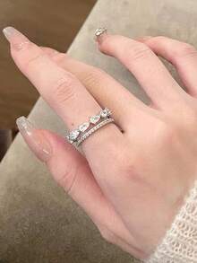 5 件奢华优雅时尚方晶锆石几何泪珠叶独特优雅铜戒指套装，适合婚礼、派对、日常佩戴（无礼盒） - 銀色 - 查看 9