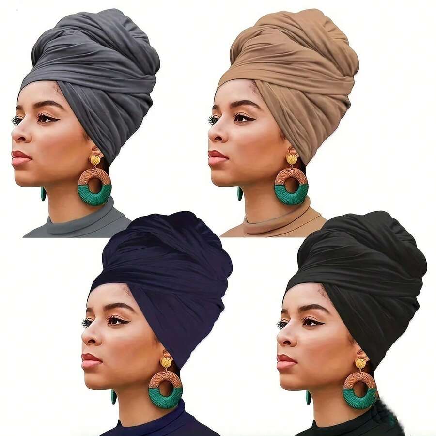 Set Of 4 Bohemian Style Pleated Head Wraps, Elegant Solid Color Turban Caps, Breathable And Ultra Soft Extra Long Headbands For Women - Grey Camel Blue Black - View 1