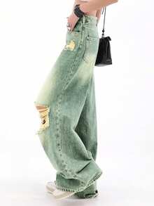 Women's Casual Straight Leg Ripped Pocket Jeans - Navy Blue - View 2