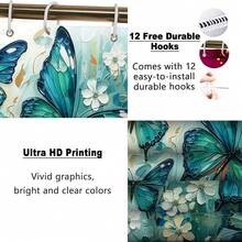 1/4 Set Green & Blue Butterfly Pattern Bathroom Curtain Set, Includes Anti-Slip Rug, White Floral Painting Bohemian Style Bathroom Set, Bath Rug, Bath Mat And Toilet Mat - Multicolor - View 6