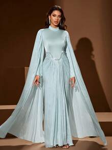 Đầm dài nữ màu trơn cổ đứng thanh lịch, thiết kế đính cườm và xếp ly ở eo, tay dài, vạt xòe rộng, chất vải mềm mại, thích hợp cho các bữa tiệc, tiệc chiêu đãi, các dịp trang trọng, đám cưới, tiệc mùa xuân. - Màu xanh Bạc hà - Xem 5