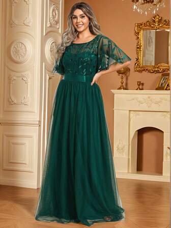 EVERPRETTY Plus Elegant Sequin Bodice Dark Green Mesh Prom Evening Dresses Bridesmaid Dresses Fall Winter Wedding Guest Dresses For Party