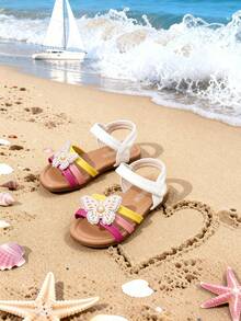 优雅的女童鞋，花童鞋，蝴蝶装饰，儿童平底沙滩凉鞋，彩色条纹，可爱迷人，脚感舒适 - 彩色 - 查看 7