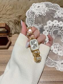 1件装女士金色合金不对称手镯腕表，时尚阿拉伯数字表盘，石英机芯，可调节表带，适合日常佩戴和节日礼物 - 白色 - 查看 5