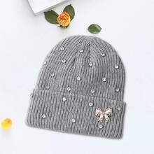 Women Knitted Hat, Bow Pearls Shiny Rhinestones Soft Crochet Hat Warm Winter Cap For Indoor Outdoor - 灰色 - 查看 5