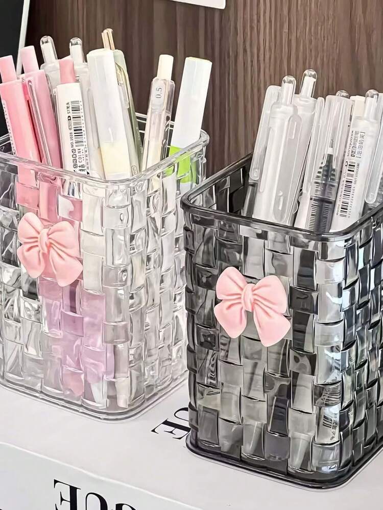 1pc/2pcs Transparent Bow Pen Holder, Student Desk Pen Holder, Desktop Storage Box With High-End Feel, Mini Desktop Trash Can, Suitable For Student Desk Organization, Stationery, Cosmetics Storage, Cute And Stylish Stationery Box, Organizer, Gift For Family, Friends, Coworkers, School Supplies, Pencil Case, Storage Items,Bag - Multicolor - View 4