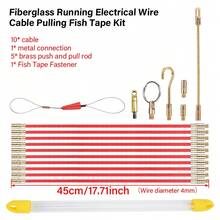 10Pcs 33/45CM Red Fiberglass Wire Cable Push Puller Running Rods Fish Pulling Kit Wall Electrical Wires With Hook Rods Tool