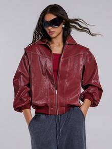 TypaGal Winter Fall Modern Chic New Year Party Retro Elegant Sexy Street Minimalist Red Loose Fit Turn-Down Collar Solid Color Zipper-Up Casual Long Sleeve PU Leather Pocket Jacket In Fall/Winter - Red - View 1