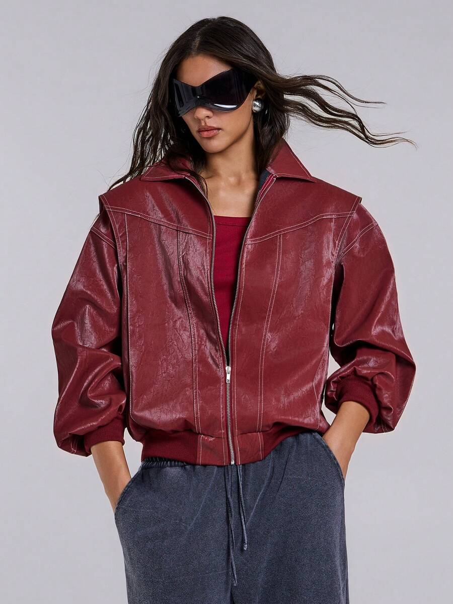 TypaGal Winter Fall Modern Chic New Year Party Retro Elegant Sexy Street Minimalist Red Loose Fit Turn-Down Collar Solid Color Zipper-Up Casual Long Sleeve PU Leather Pocket Jacket In Fall/Winter - Red - View 1