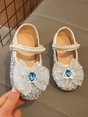 1 Pair Sweet Fairy Style Girls' Mary Jane Shoes With Rhinestone Bow Decor, Double-Layer 3D Design, Suitable For All Seasons, Magical Tape Closure, Pearl & Rhinestone Embellishment, Perfect For Party And Occasions