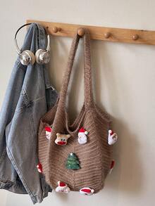 1pc, Versatile Fashion , High-Value Niche Design, Hand Bill Of Lading Shoulder Tote Bag, Contrast Knitted Fabric, Multi-Color Optional Large-Capacity Fan-Shaped Bag For Santa Claus Christmas Tree Deer Decoration, Suitable For Ladies' Daily Commuting And Shopping Occasions.