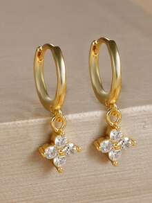 Nooxian 2 件女士耳环，铜镶嵌锆石幸运四叶草吊坠环状耳环，日常叠戴耳环，礼物 - 金黃色 - 查看 10